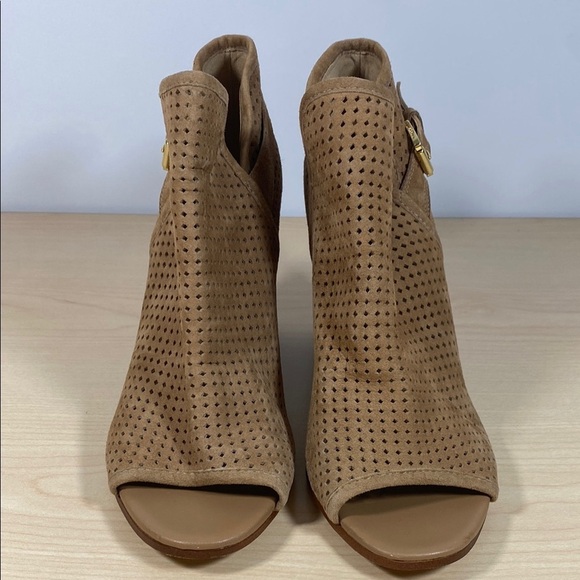 Sam Edelman Easton Perforated Tan Suede Heeled Boots with Peep Toe - Picture 2 of 9